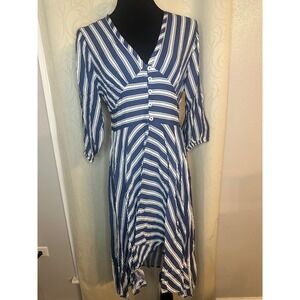 HAYDEN LOS ANGELES Striped Midi Dress Button Front Smocked Waist‎ Split - L